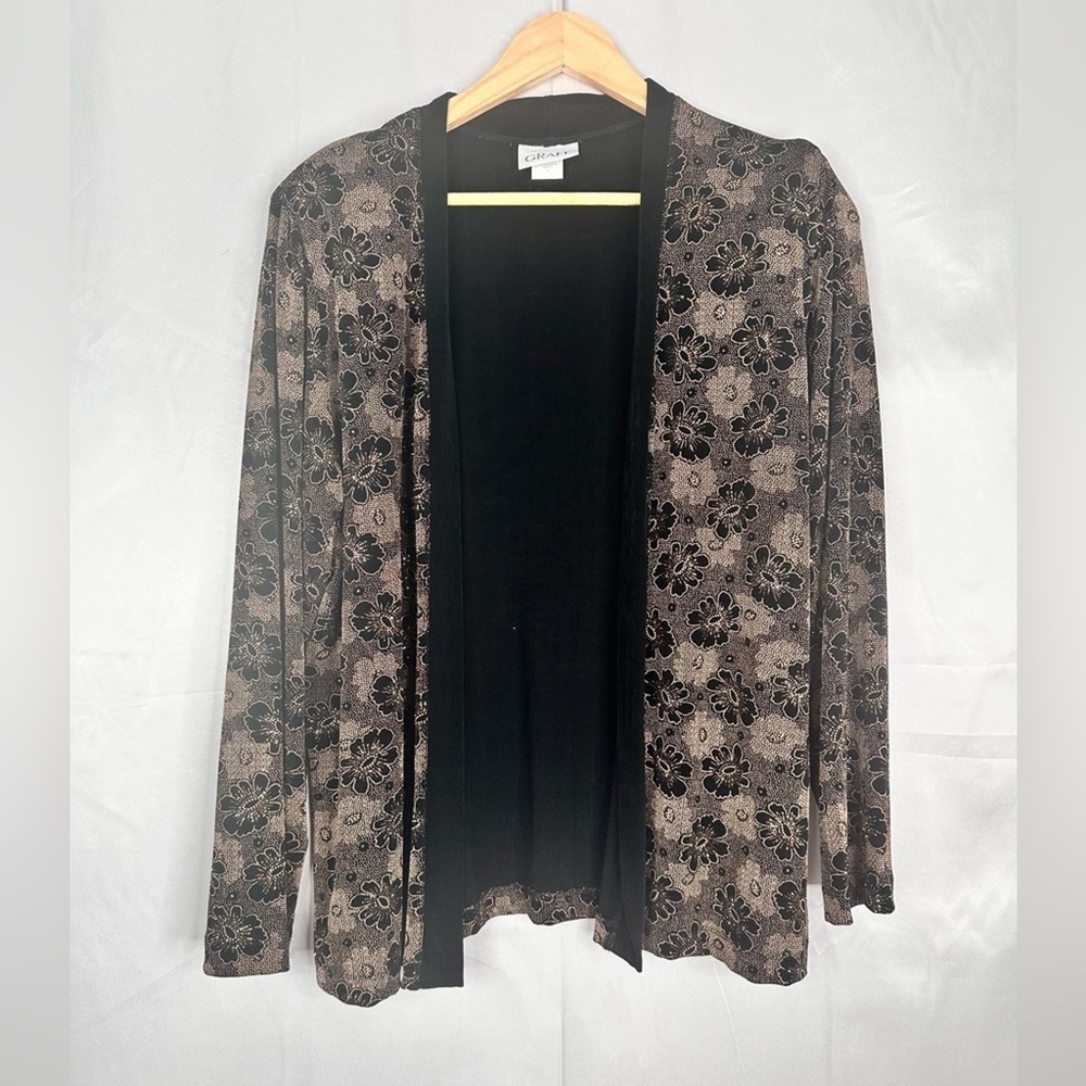 Graff Womens Floral Open Front Cardigan Black Taupe Long Sleeve Size L 12100